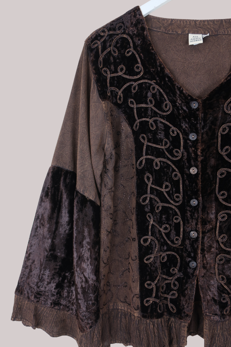 Embroidered Velvet Frill Sleeve Blouse in Hazelnut Brown