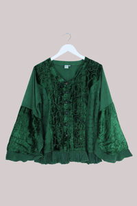 Embroidered Velvet Frill Sleeve Blouse in Pine Green