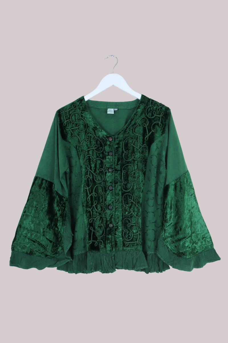 Embroidered Velvet Frill Sleeve Blouse in Pine Green