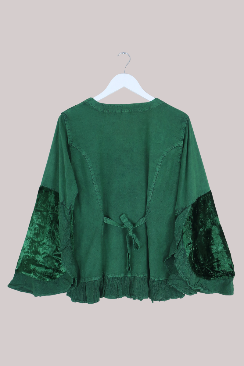 Embroidered Velvet Frill Sleeve Blouse in Pine Green