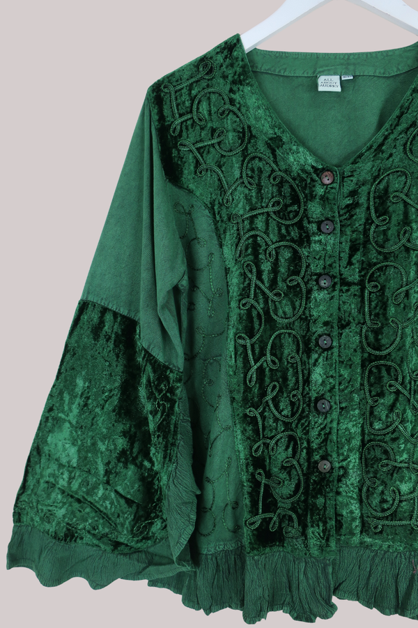 Embroidered Velvet Frill Sleeve Blouse in Pine Green