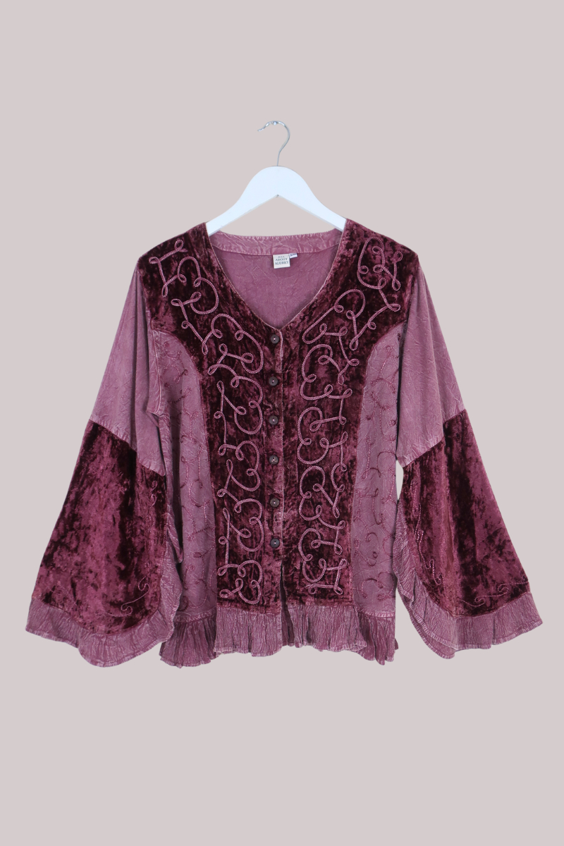Embroidered Velvet Frill Sleeve Blouse in Midnight Mauve