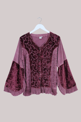 Embroidered Velvet Frill Sleeve Blouse in Midnight Mauve