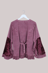 Embroidered Velvet Frill Sleeve Blouse in Midnight Mauve