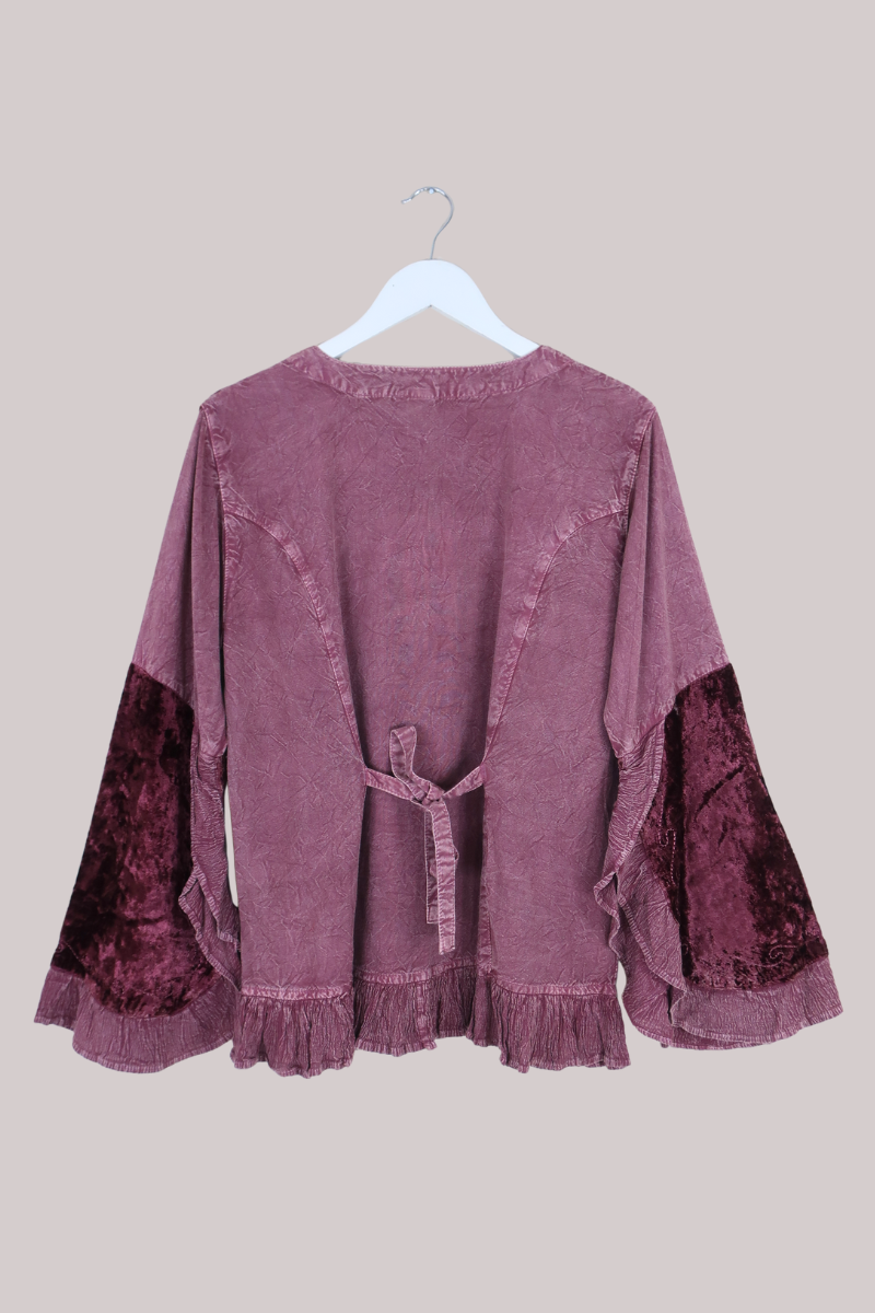 Embroidered Velvet Frill Sleeve Blouse in Midnight Mauve