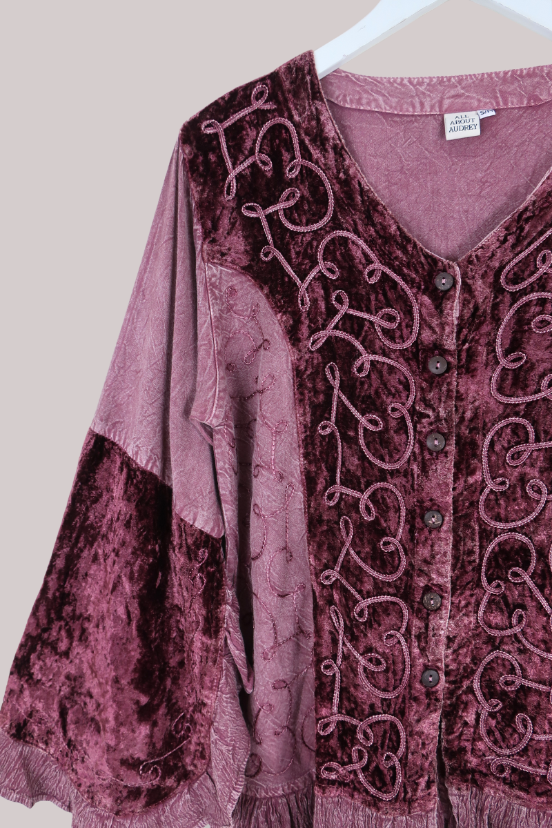 Embroidered Velvet Frill Sleeve Blouse in Midnight Mauve
