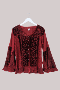 Embroidered Velvet Frill Sleeve Blouse in Crimson Red
