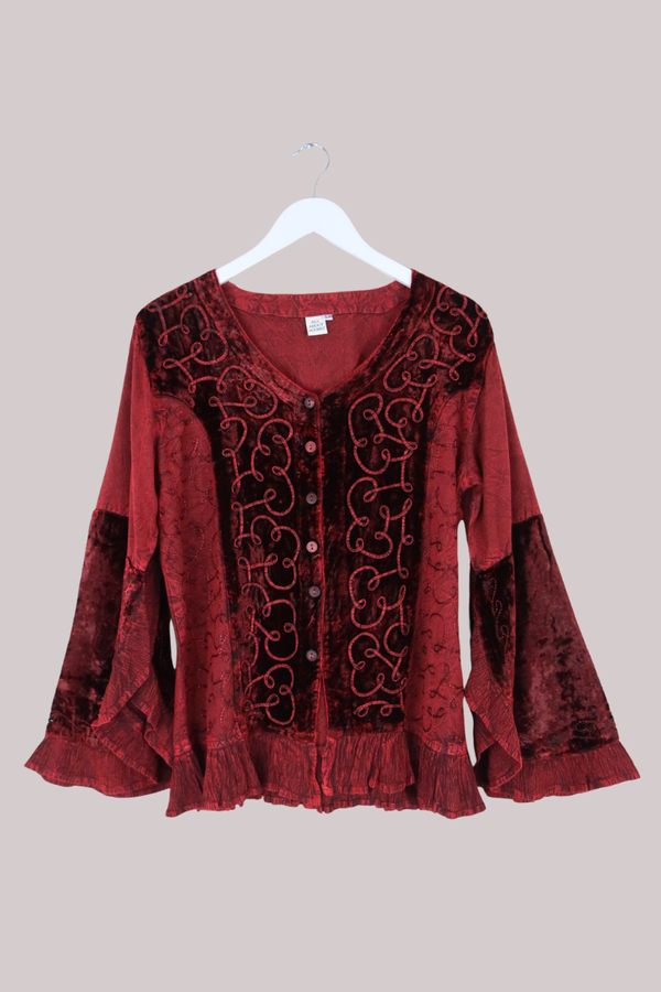 Embroidered Velvet Frill Sleeve Blouse in Crimson Red
