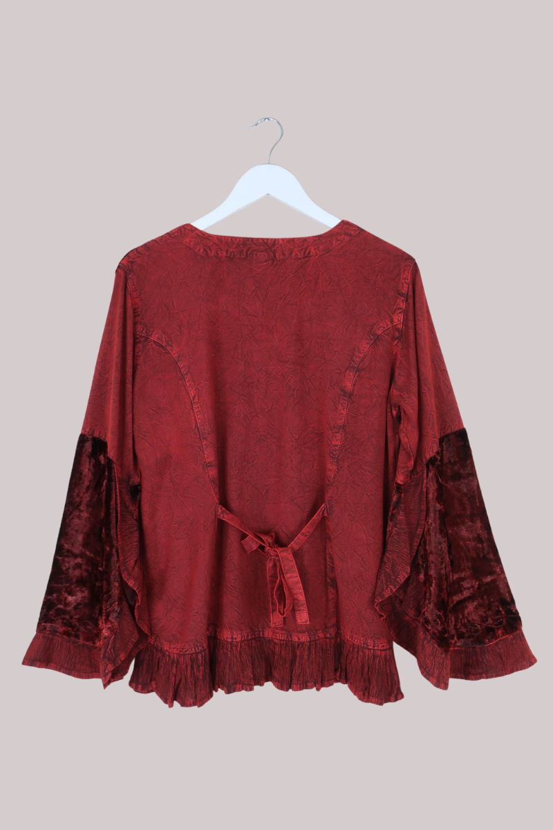 Embroidered Velvet Frill Sleeve Blouse in Crimson Red