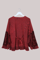 Embroidered Velvet Frill Sleeve Blouse in Crimson Red