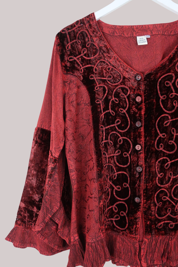 Embroidered Velvet Frill Sleeve Blouse in Crimson Red