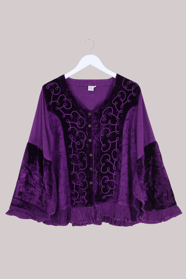 Embroidered Velvet Frill Sleeve Blouse in Jewelled Violet