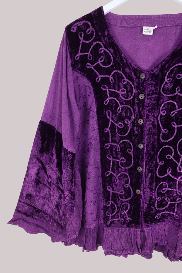 Embroidered Velvet Frill Sleeve Blouse in Jewelled Violet