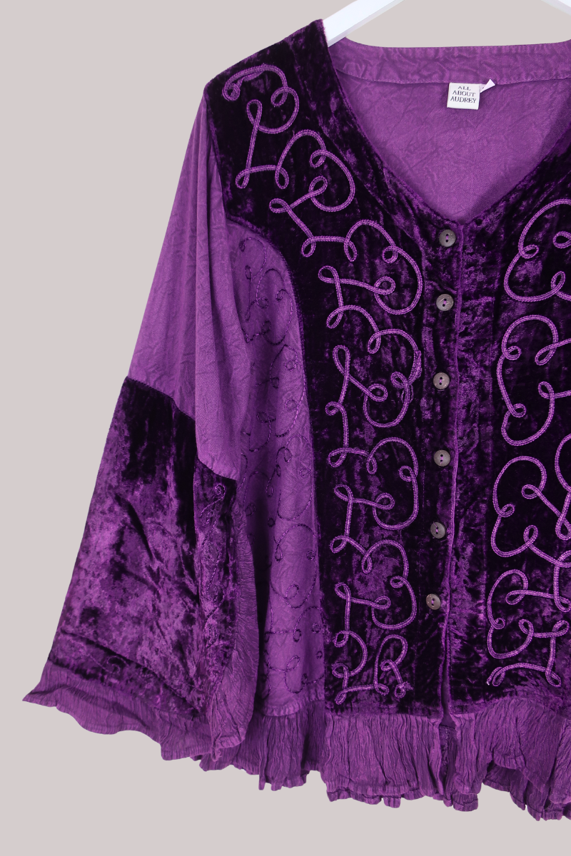 Embroidered Velvet Frill Sleeve Blouse in Jewelled Violet