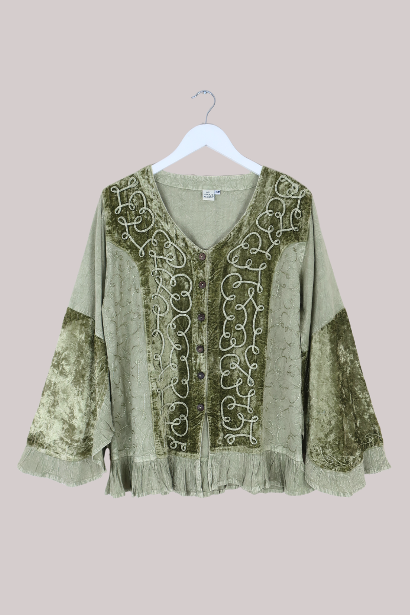 Embroidered Velvet Frill Sleeve Blouse in Dusty Sage