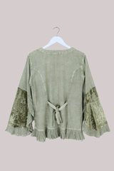 Embroidered Velvet Frill Sleeve Blouse in Dusty Sage
