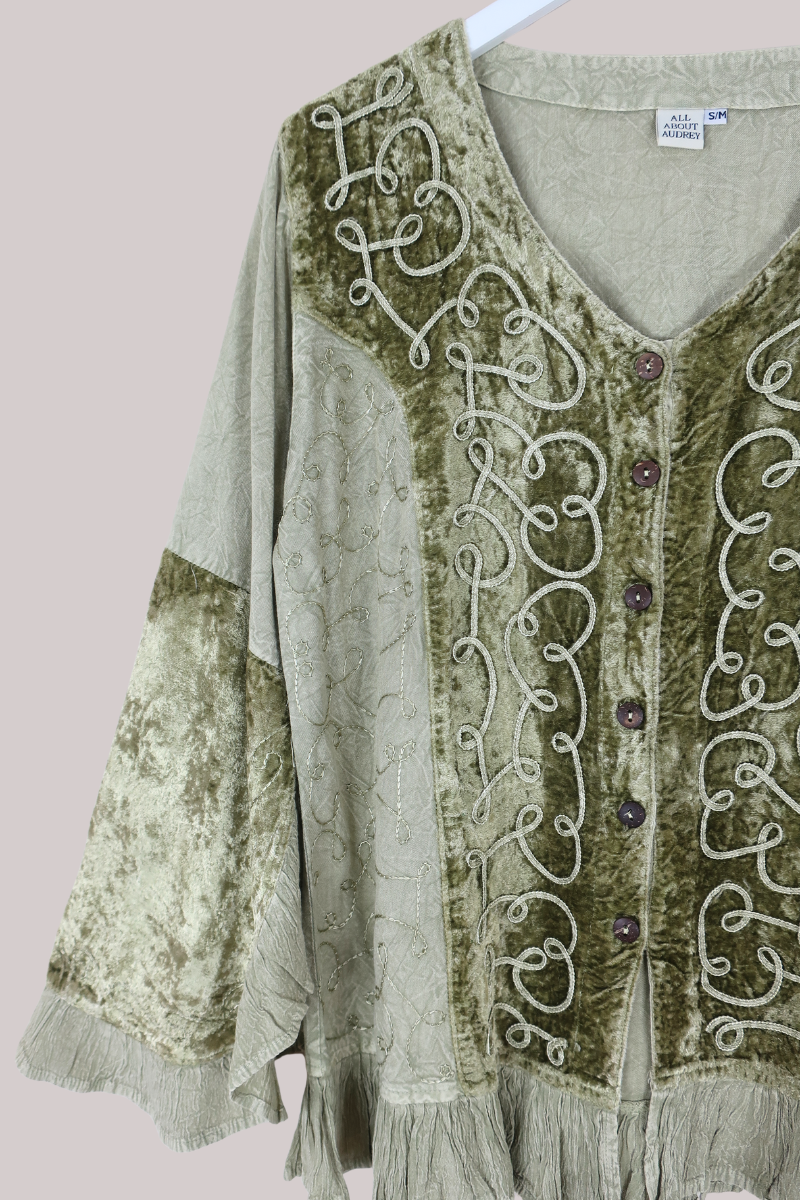 Embroidered Velvet Frill Sleeve Blouse in Dusty Sage