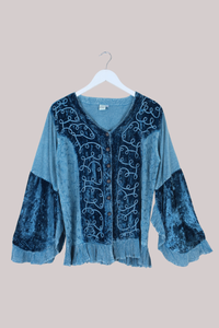 Embroidered Velvet Frill Sleeve Blouse in Oceanic Blue