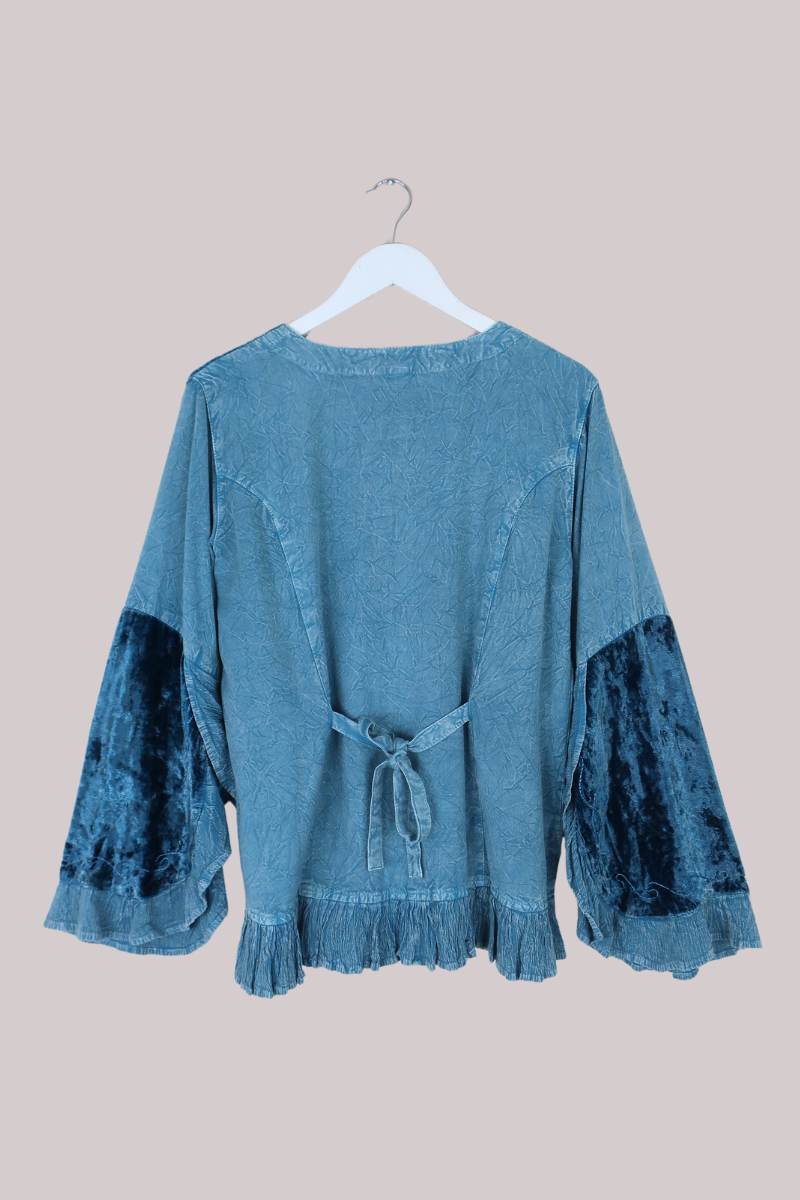 Embroidered Velvet Frill Sleeve Blouse in Oceanic Blue