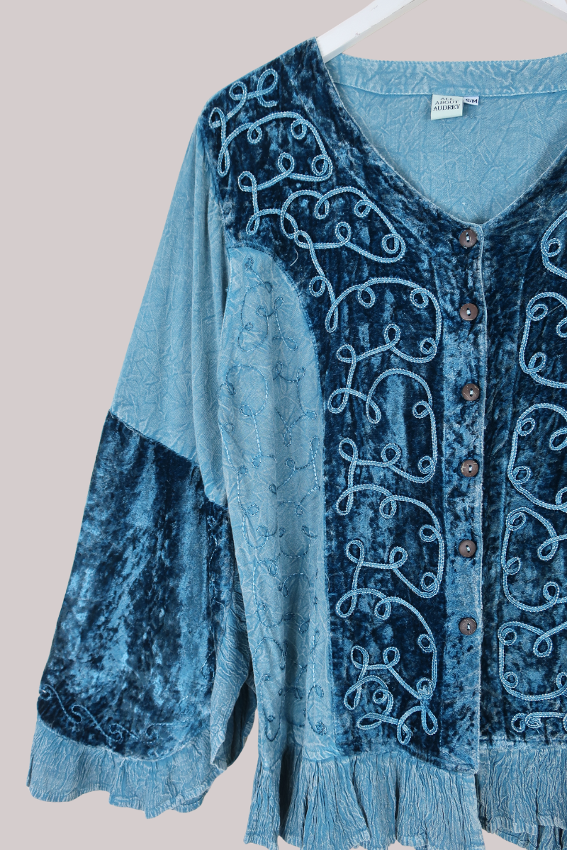 Embroidered Velvet Frill Sleeve Blouse in Oceanic Blue