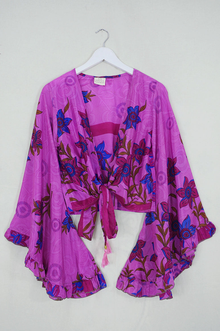 Venus Wrap Top - Pink Flamingo Flower - Vintage Sari - Size S/M by all about audrey