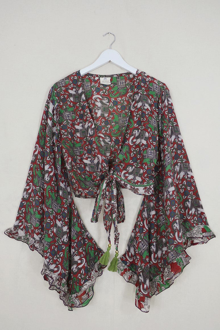 Venus Wrap Top - Rust Red Dance of the Elephants - Vintage Cotton - Size S/M by all about audrey