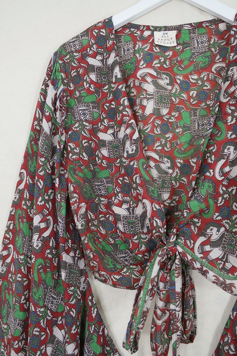 Venus Wrap Top - Rust Red Dance of the Elephants - Vintage Cotton - Size S/M by all about audrey
