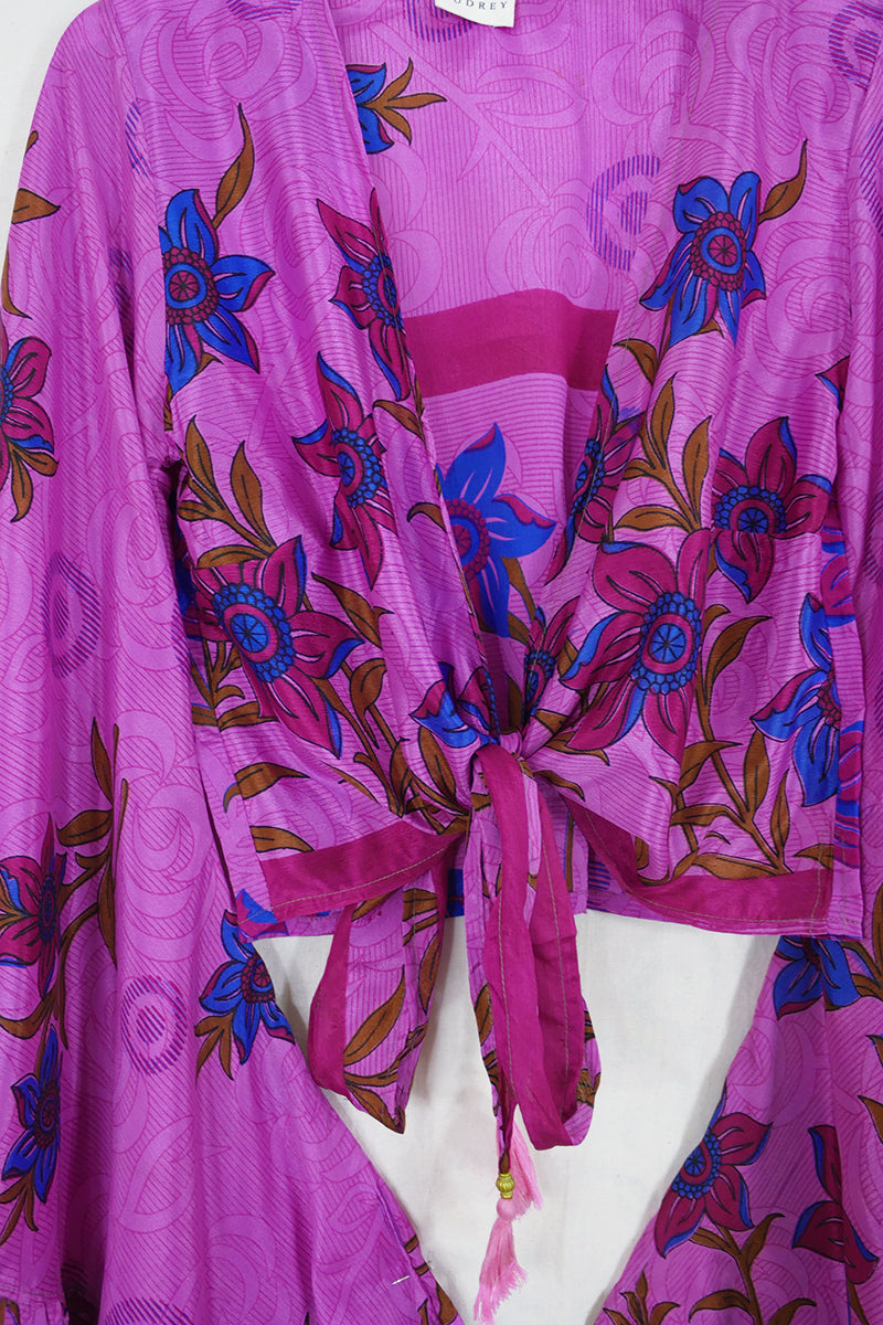 Venus Wrap Top - Pink Flamingo Flower - Vintage Sari - Size S/M by all about audrey