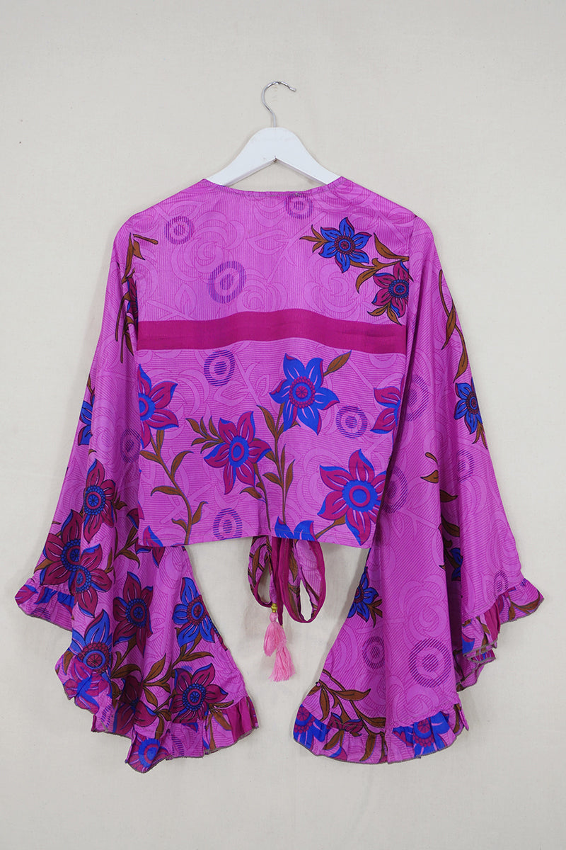 Venus Wrap Top - Pink Flamingo Flower - Vintage Sari - Size S/M by all about audrey