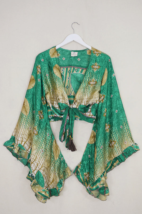 Venus Wrap Top - Shimmering Green Floral - Vintage Sari - M/L by all about audrey