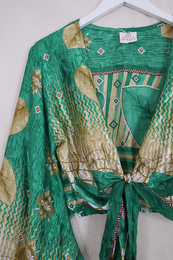 Venus Wrap Top - Shimmering Green Floral - Vintage Sari - M/L by all about audrey