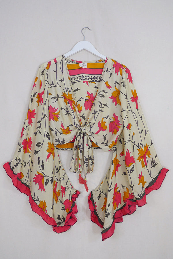 Venus Wrap Top - Shimmering Green Floral - Vintage Sari - M/L by all about audrey