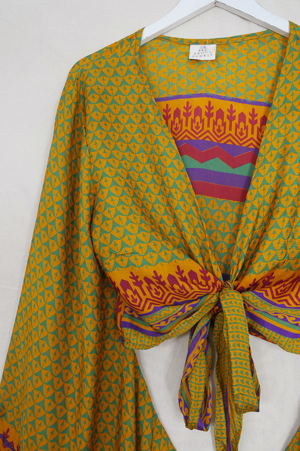 Venus Wrap Top - Mustard Yellow & Soft Green - Vintage Sari - L/XL by all about audrey