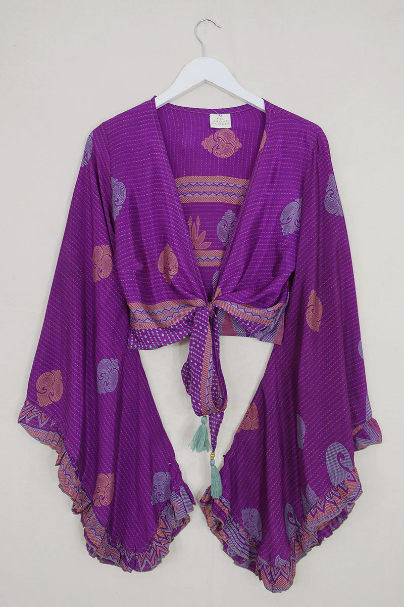Venus Wrap Top - Fiery Purple & Gold Paisley - Vintage Sari - Size XS by all about audrey