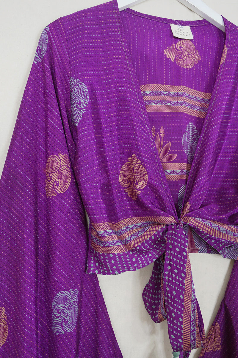 Venus Wrap Top - Fiery Purple & Gold Paisley - Vintage Sari - Size XS by all about audrey