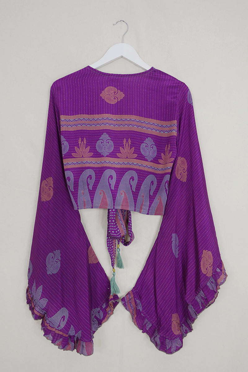 Venus Wrap Top - Fiery Purple & Gold Paisley - Vintage Sari - Size XS by all about audrey