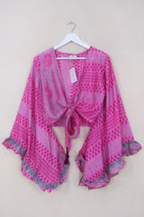 Venus Wrap Top - Candy Pink Pines - Vintage Sari - Size XS