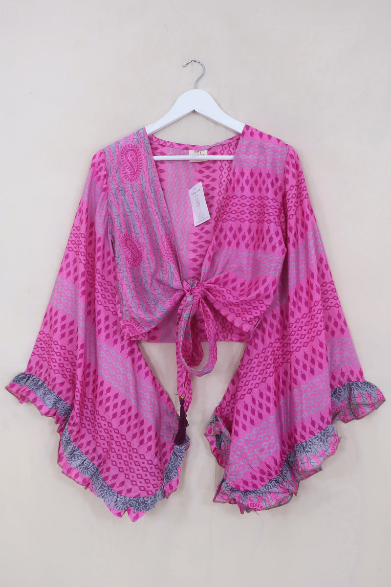 Venus Wrap Top - Candy Pink Pines - Vintage Sari - Size XS