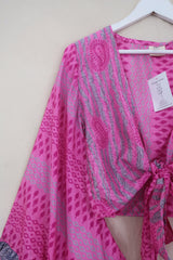 Venus Wrap Top - Candy Pink Pines - Vintage Sari - Size XS