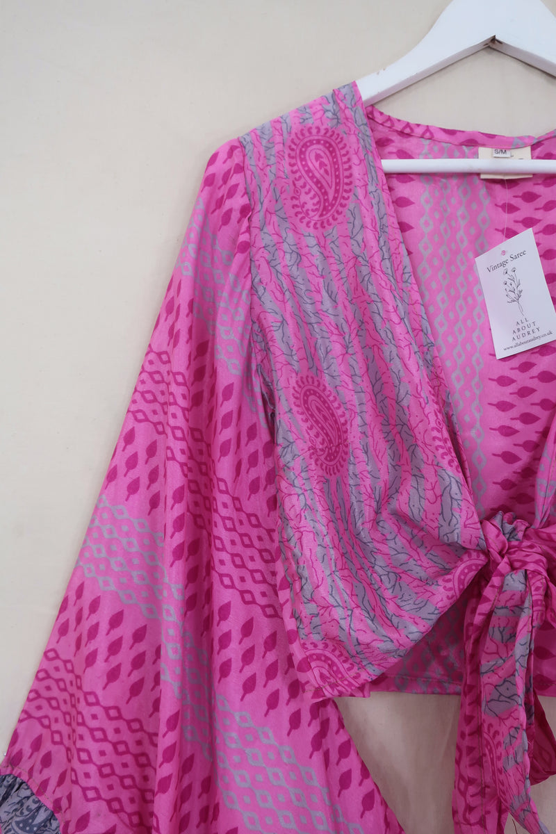 Venus Wrap Top - Candy Pink Pines - Vintage Sari - Size XS