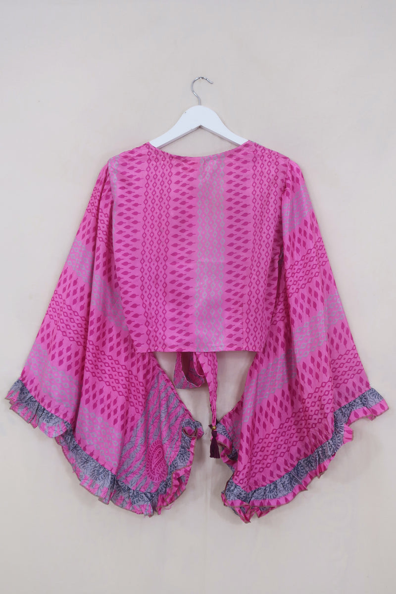 Venus Wrap Top - Candy Pink Pines - Vintage Sari - Size XS