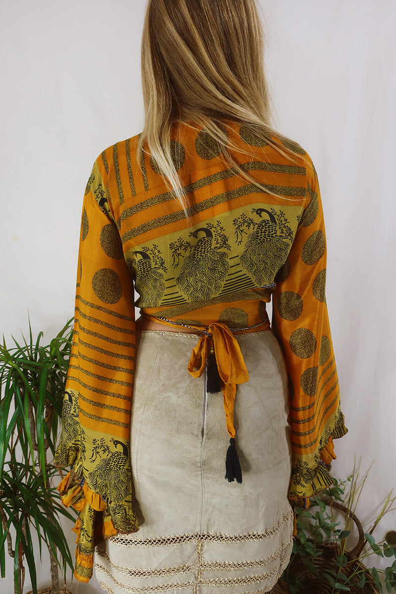 Venus Wrap Top - Saffron & Gold Peacock - Vintage Sari - Size S/M by All About Audrey