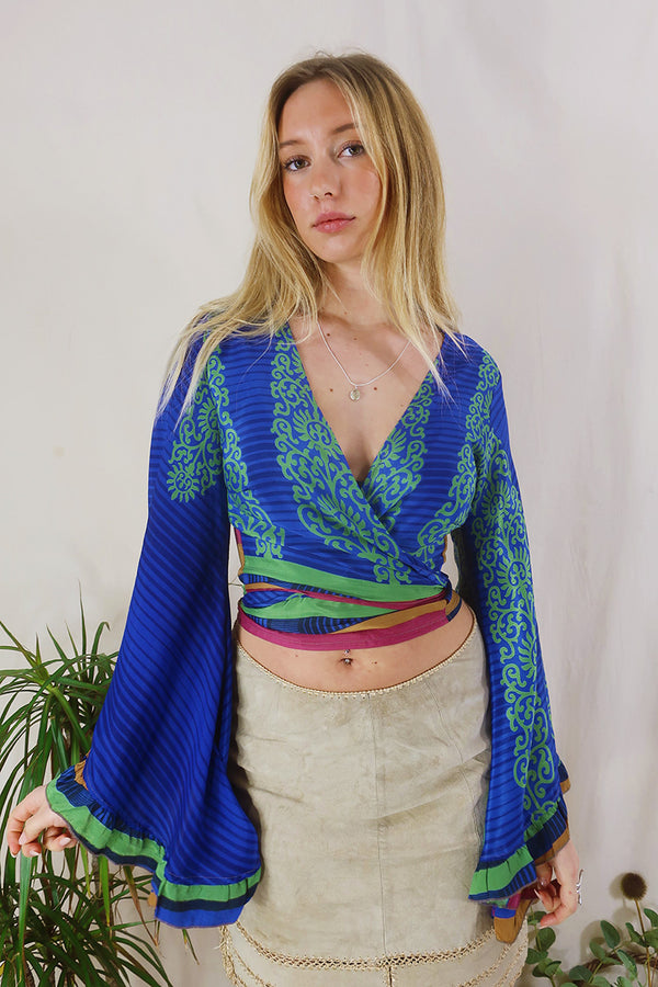 Venus Wrap Top - Blueberry & Mint Motif - Vintage Sari - Size S/M by All About Audrey