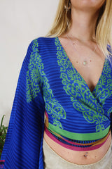 Venus Wrap Top - Blueberry & Mint Motif - Vintage Sari - Size S/M by All About Audrey