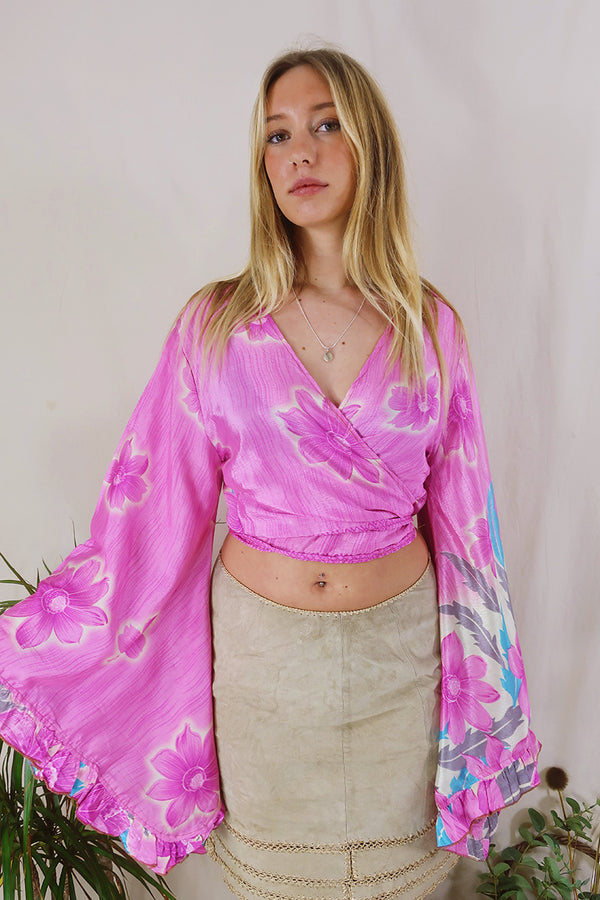 Venus Wrap Top - Hydrangea Pink Floral - Vintage Sari - Size M/L by All About Audrey