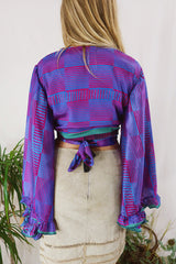 Venus Wrap Top - Pink & Blue Graphic - Vintage Sari - Size S/M by All About Audrey
