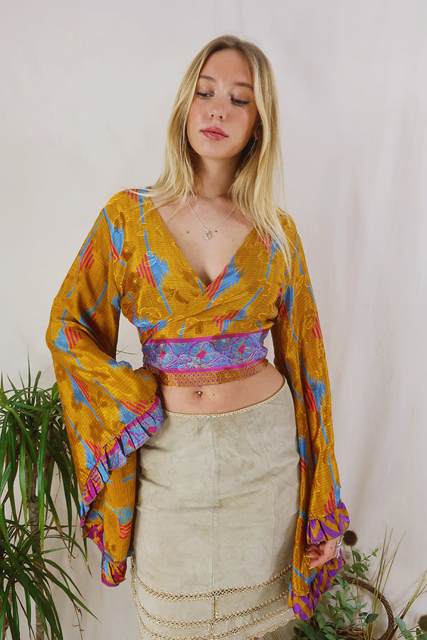 Venus Wrap Top - Amber, Blue & Magenta - Vintage Sari - Size XS by All About Audrey