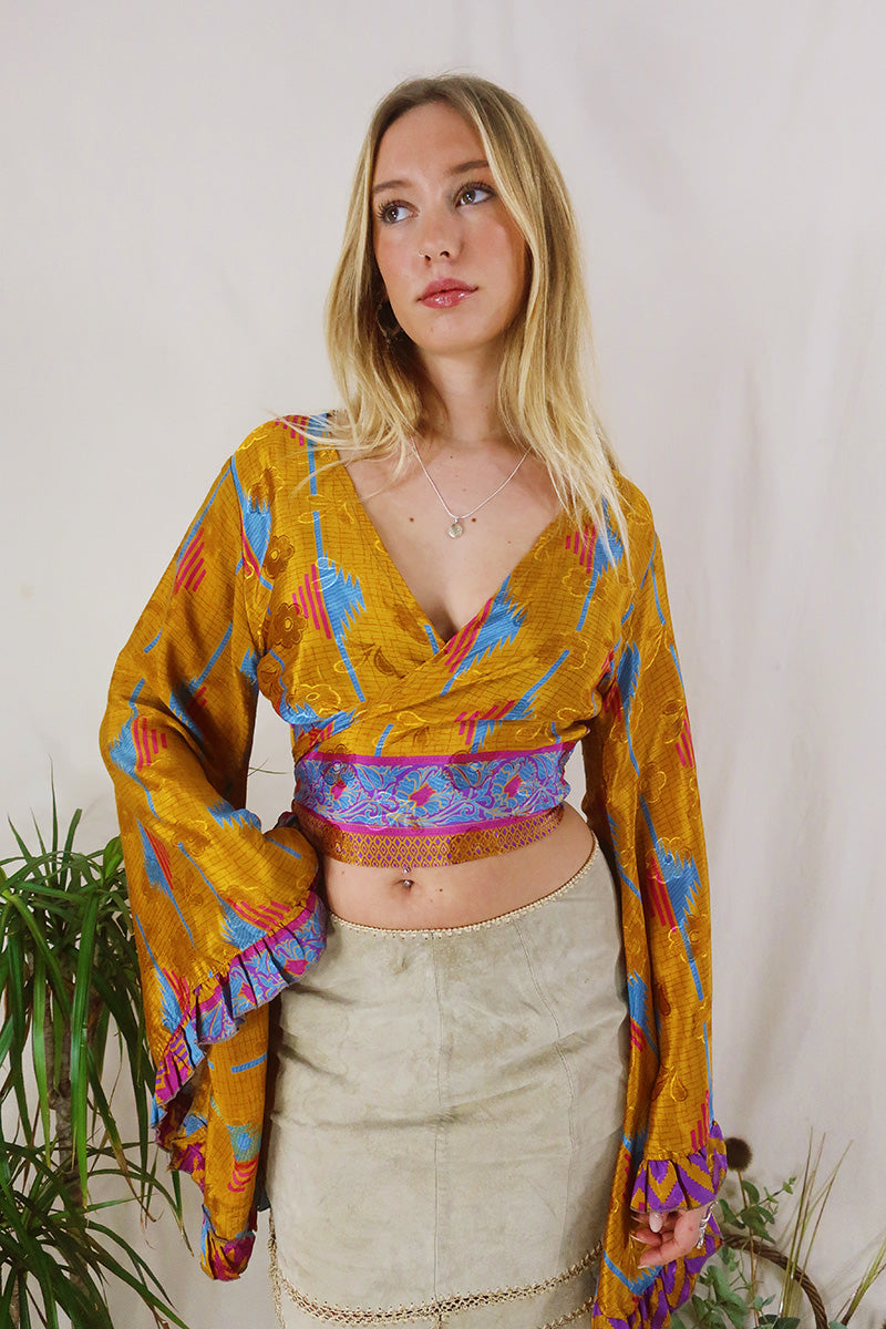 Venus Wrap Top - Amber, Blue & Magenta - Vintage Sari - Size XS by All About Audrey