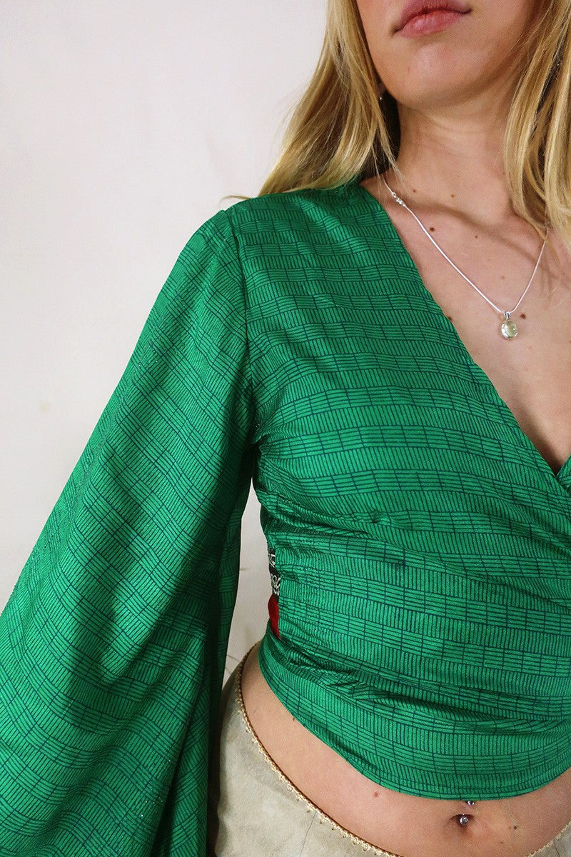Venus Wrap Top - Evergreen Tile Motif - Vintage Sari - Size S/M by All About Audrey