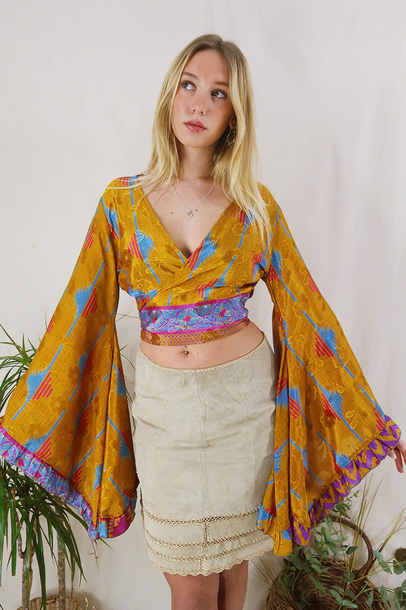 Venus Wrap Top - Amber, Blue & Magenta - Vintage Sari - Size XS by All About Audrey